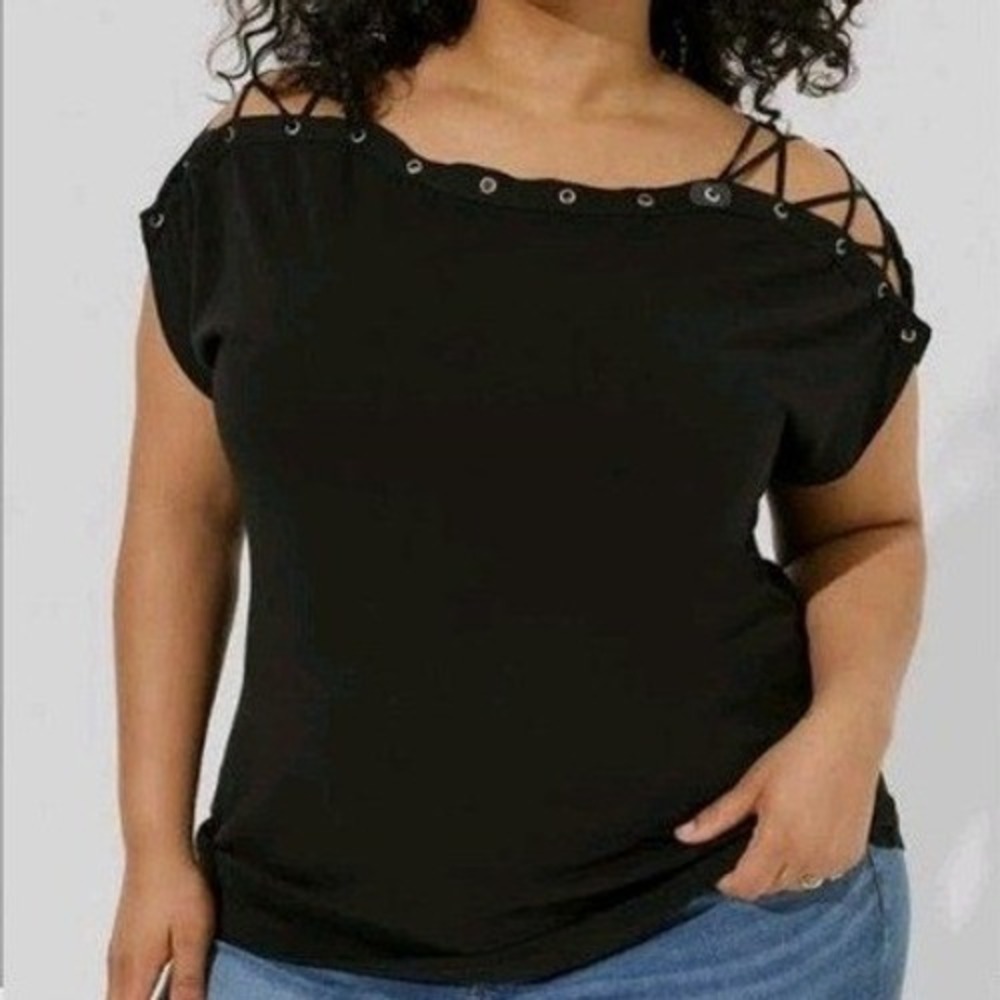 Torrid Heritage Jersey Lace-Up Dolman Top Black Cotton Size 1X (14/16)